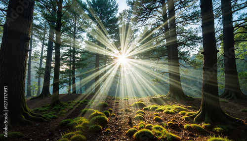 Ethereal light rays illuminate serene forest floor, natural tranquility