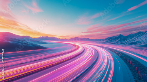 Motion light streak along a winding roadway under the mountain range during twilight, for modern concept print.