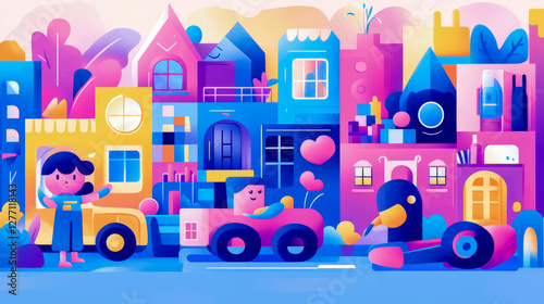 A whimsical urban scene filled with colorful buildings and charming characters, perfect for a children's storybook