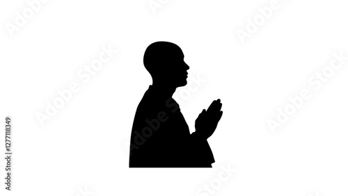 Praying monk silhouette on white background, spiritual serenity