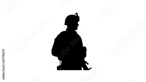 Soldier silhouette standing guard on white background, bravery symbol