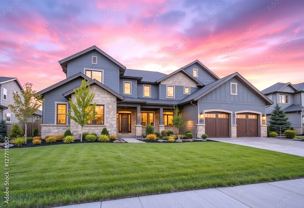 Beautiful suburban house with a modern design under a vibrant sunset sky, showcasing manicured lawns and stylish architecture. Beautiful suburban house with a modern design under a vibrant sunset sky, showcasing manicured lawns and stylish architecture.