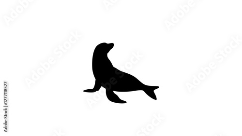 Silhouette of sunbathing seal on white background, peaceful nature