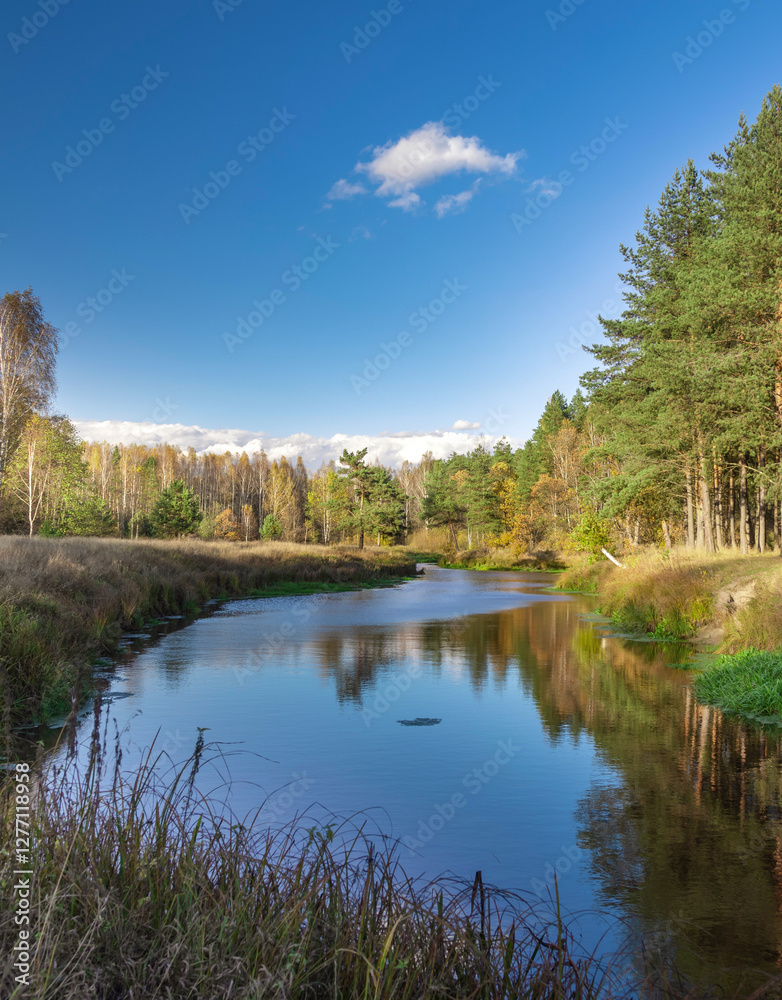 Obraz premium Calm river with a blue sky in the background