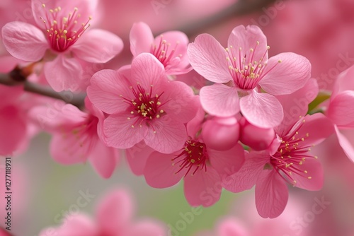 A detailed close-up of a delicate pink flower blooming on a tree branch, showcasing its vibrant petals and natural beauty.