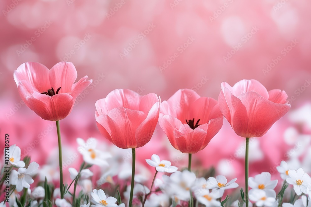 Obraz premium A vibrant field showcasing a multitude of pink flowers interspersed among delicate white blooms, creating a stunning contrast in nature.