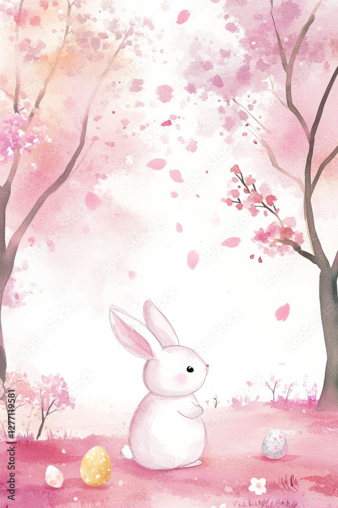 Obraz premium A watercolor Easter Bunny illustration, softly blended with pastel hues, standing among blooming cherry blossom trees.