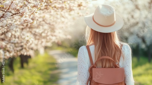 A woman with a hat and a backpack strolls along a scenic path, enjoying her surroundings and embracing the beauty of nature.