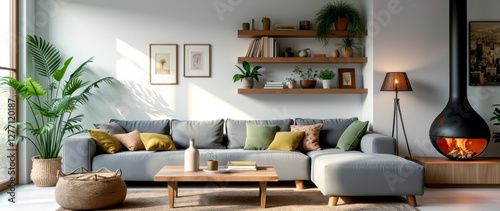 modern gray sectional sofa in a sunlit living room with wooden shelves and green plants photo