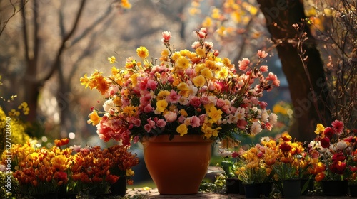 Wallpaper Mural A vibrant assortment of variously colored flowers is planted in a pot positioned on the ground, showcasing nature's beauty and diversity. Torontodigital.ca