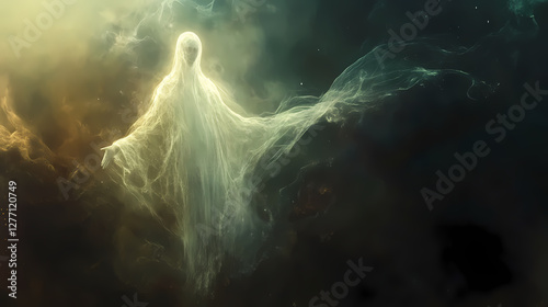 Ephemeral apparition of a ghostly figure floating in ethereal light. ghostly apparition. illustration. Ethereal Ghostly Apparitions. Illustration photo