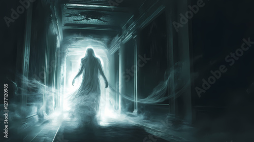 Ethereal ghostly apparition floating in a dark corridor..... Ethereal Ghostly Apparitions. Illustration photo