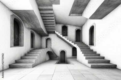A surrealist perspective illusion with never-ending stairs, warped optical depth, and eerie, floating doorways.