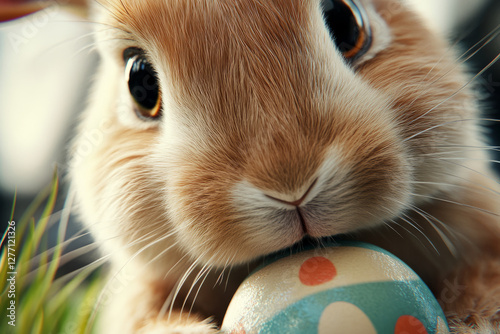 A photorealistic close-up of an Easter Bunnyâ€™s soft fur, detailed whiskers, and curious eyes as it sniffs a decorated egg. photo