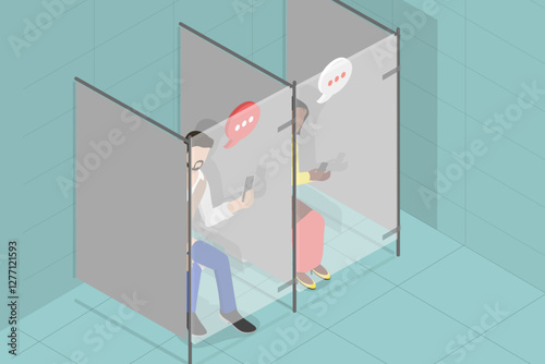 3D Isometric Flat Vector Illustration of Using Gadgets In Washroom, People in Restroom