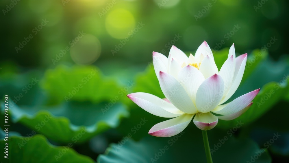Obraz premium A beautiful white lotus flower with pink-tipped petals in full bloom, surrounded by lush green leaves.