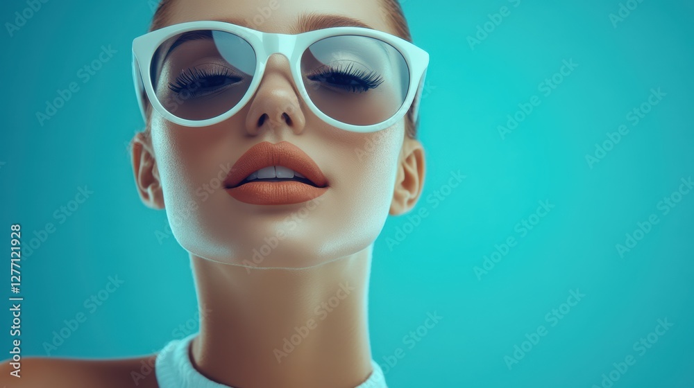 A woman wearing sunglasses poses confidently against a vibrant blue background, showcasing a stylish and modern look. A woman wearing sunglasses poses confidently against a vibrant blue background, showcasing a stylish and modern look.