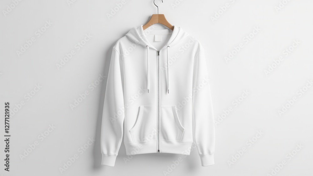 White zip up hoodie mockup on a wooden hanger against a plain background.