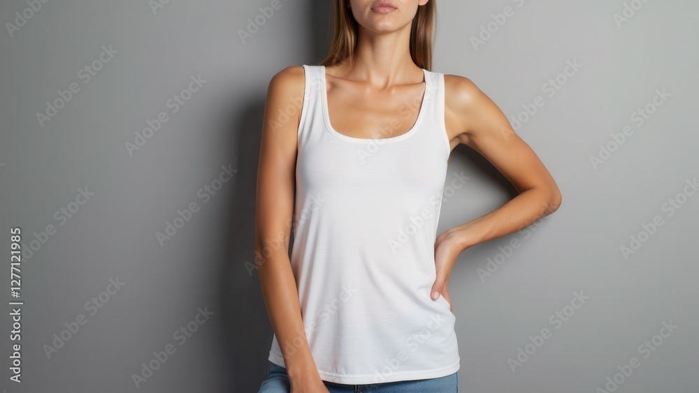Women's tank top mockup featuring a person wearing a plain white tank top against a gray background.