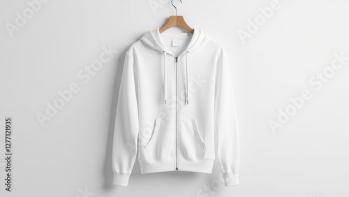 Obraz na płótnie White zip up hoodie mockup on a wooden hanger against a plain background. w salonie