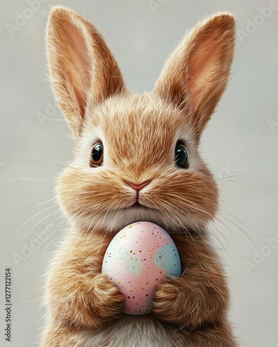Adorable Bunny Holding Speckled Easter Egg Symbolizing Springtime Joy and Festive Celebration