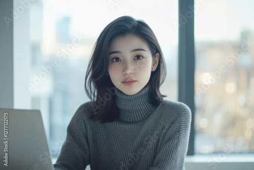 A young woman with shoulder-length hair  wearing a gray turtleneck sweater  sits by a window.
