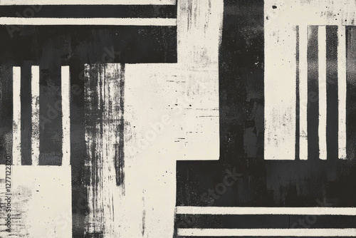 A stark, minimalist brutalist pattern featuring heavy, bold lines, monochrome colors, and raw, unrefined textures.