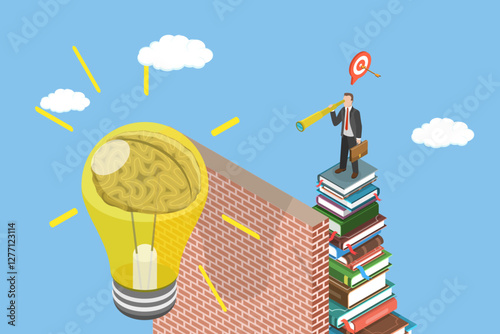 3D Isometric Flat Vector Illustration of Power Of Knowledge, Overcoming Obstacles, Breakthrough Barrier
