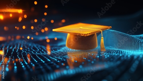 yellow academic cap on blue tech background