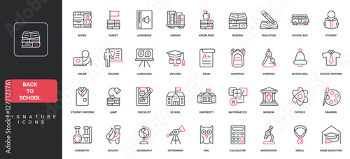 Back to school, knowledge of library books, study and exam, online education line icon set. Student and teacher in class, diploma of graduate, languages thin black and red symbols vector illustration