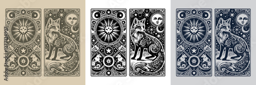 blackwork fox vector playing card tattoo design