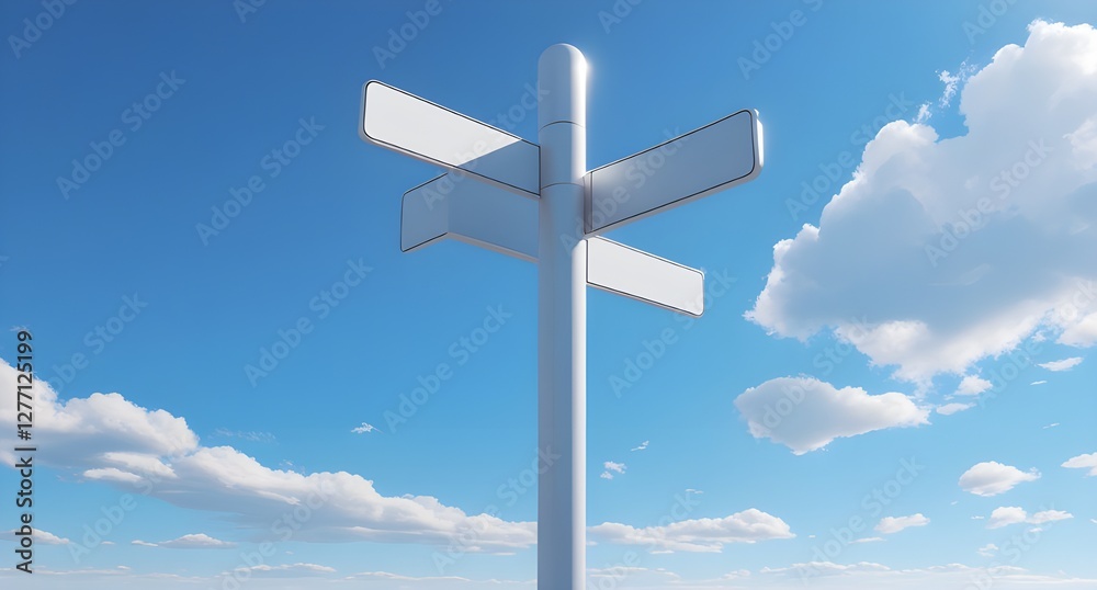 A signpost features multiple blank, white signs pointing in different directions. A signpost features multiple blank, white signs pointing in different directions.