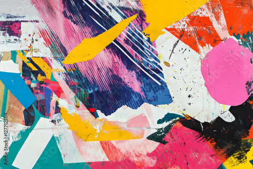 A vivid risograph collage with mismatched abstract elements, jagged ink layers, and an experimental design aesthetic. A chaotic, creative explosion of color.