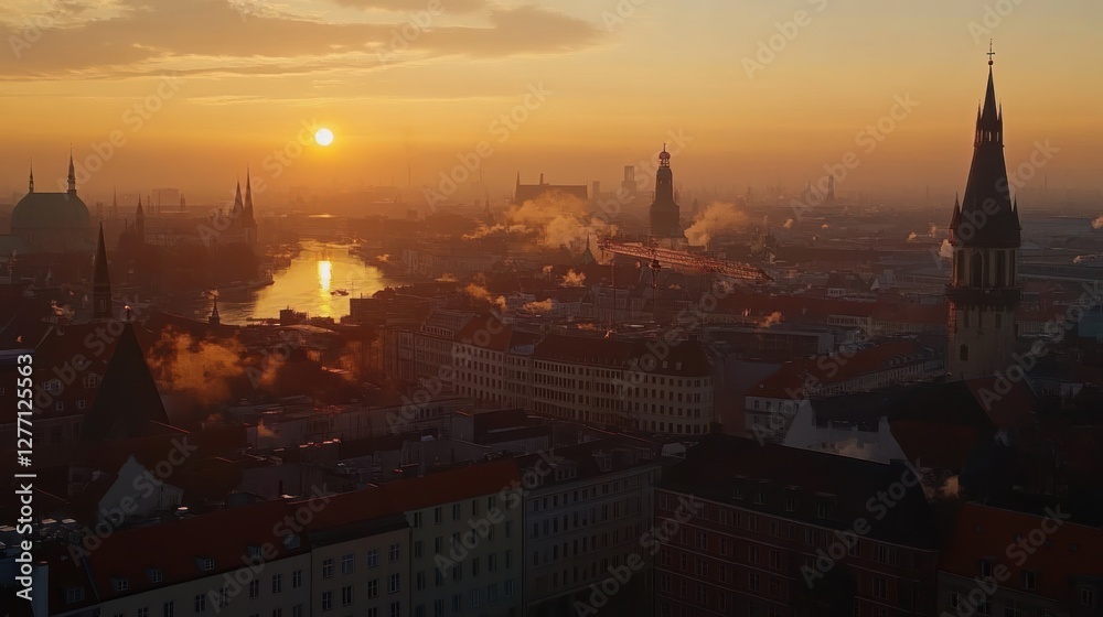 Obraz premium A scenic sunrise over a cityscape with historical buildings and a river.