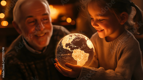 A grandfather and granddaughter share a glowing Earth, symbolizing wisdom, legacy, and environmental stewardship. Warm light illuminates their faces, evoking joy, knowledge, and a sustainable future