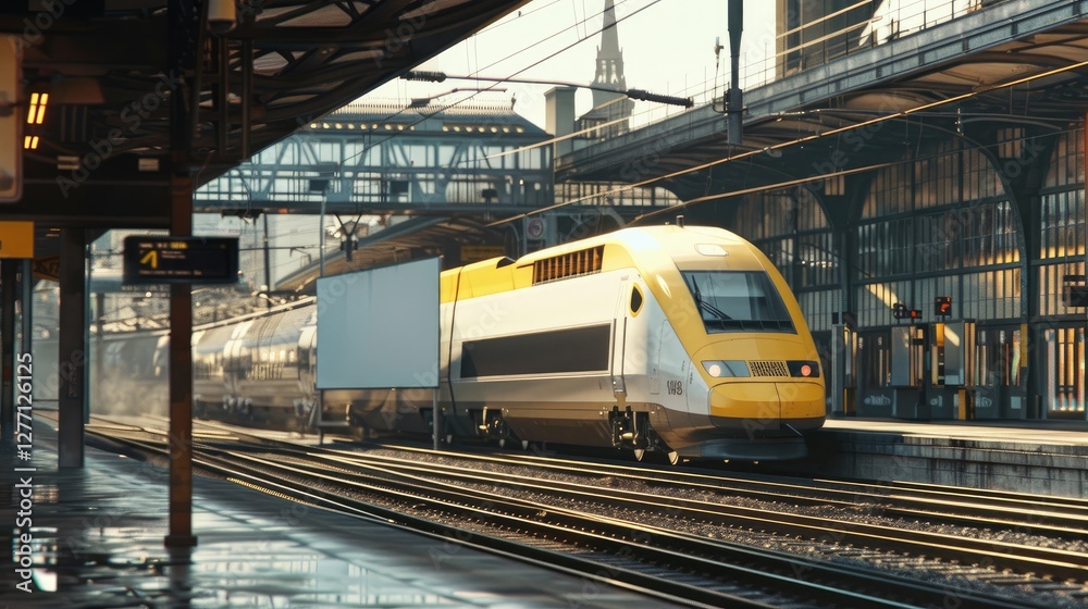 Fototapeta premium Yellow tran standing on the track in a station with white billboard