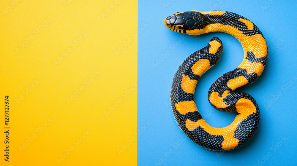 Fototapeta premium Striking black and yellow snake on colorful background for bold design poster