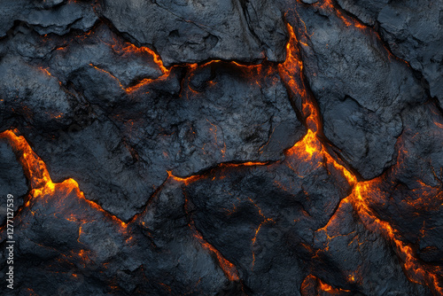 A volcanic rock texture with deep cracks, glowing ember veins, and rich, rugged surface details.