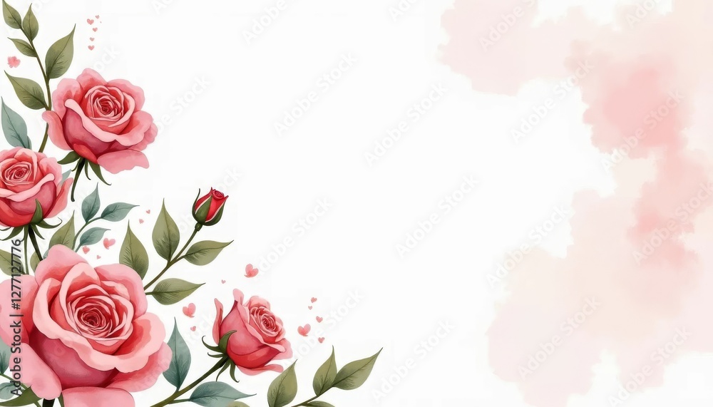 Valentine's day background with pink roses and green leaves with copy space for text Valentine's day background with pink roses and green leaves with copy space for text