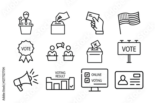 Simple Line Icons Representing Voting and Election Processes