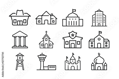 Simple Line Art Icons of Various Buildings