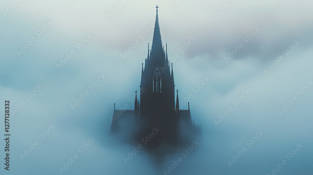 Fototapeta premium Fog creeps up to the base of a towering spire, misty, church. Gothic Misty Ruins. Illustration