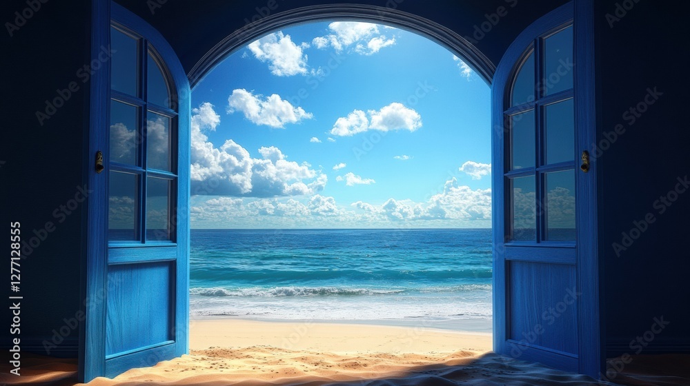 Arched blue window on the beach framing a stunning ocean view under a clear sky with clouds Arched blue window on the beach framing a stunning ocean view under a clear sky with clouds
