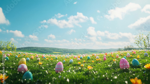 Beautiful Easter background with colorful eggs scattered in a spring meadow under a bright blue sky. Ideal for holiday greetings, banners, and festive designs.