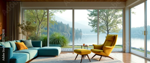 modern living room interior with teal sofa yellow armchair and scenic lake view