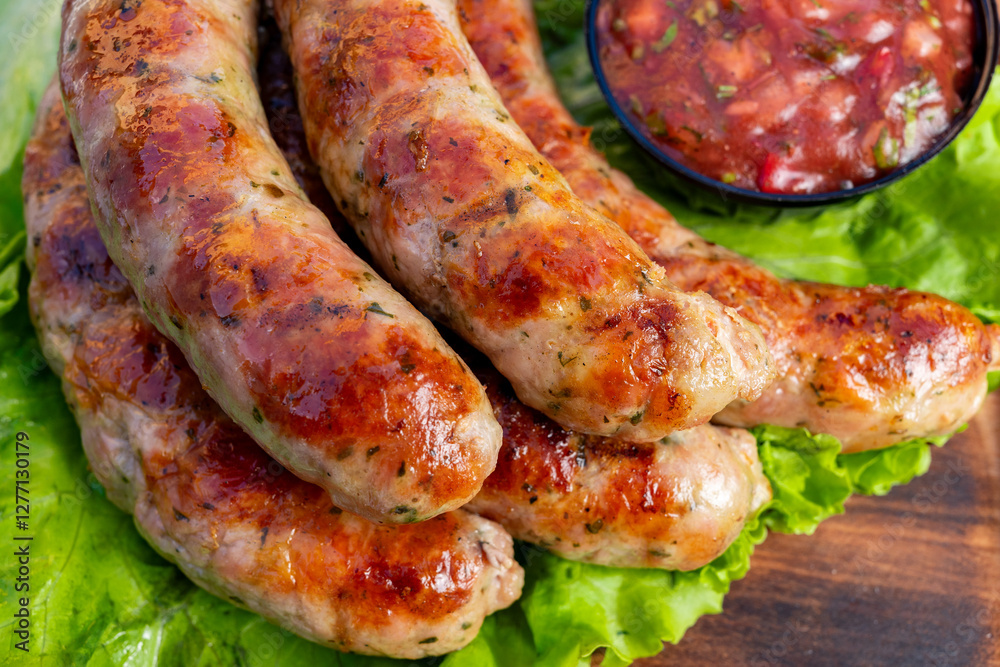 Savory sausages served with fresh salsa on a bed of lettuce Savory sausages served with fresh salsa on a bed of lettuce