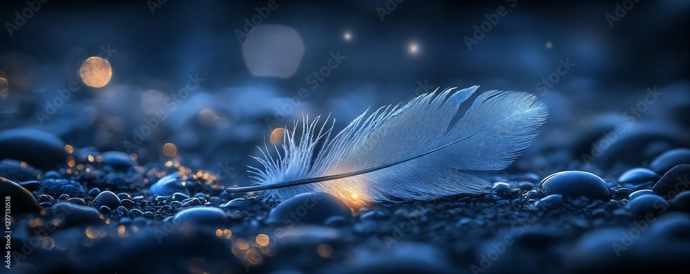 Close-up of a white feather resting on textured blue pebbles, symbolic of lightness and freedom. Close-up of a white feather resting on textured blue pebbles, symbolic of lightness and freedom.
