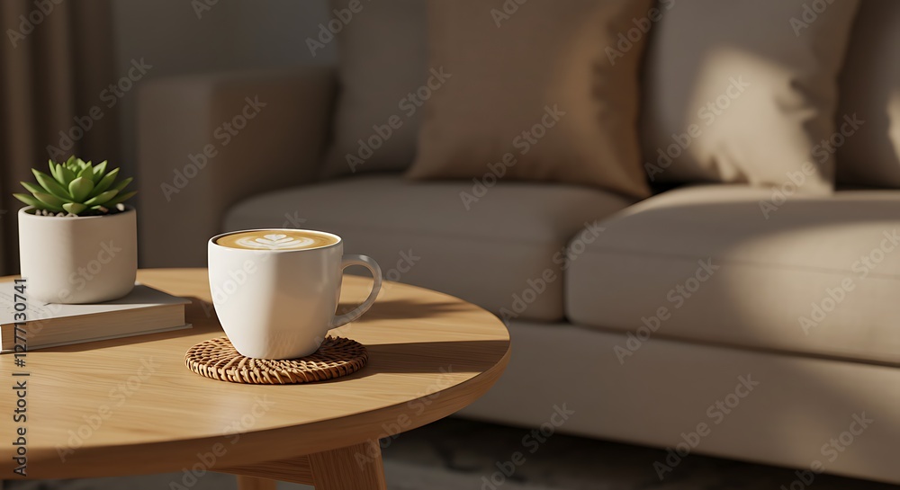 a cup of coffee sitting on top of a wooden table next to a couch and a potted plant on top of a wooden table. generative ai a cup of coffee sitting on top of a wooden table next to a couch and a potted plant on top of a wooden table. generative ai
