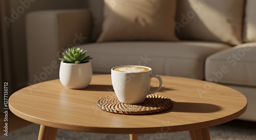 a cup of coffee sitting on top of a wooden table next to a couch and a potted plant on top of a wooden table. generative ai