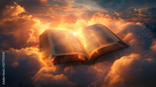 An open holy bible with golden light shining through clouds, symbolizing hope and faith.